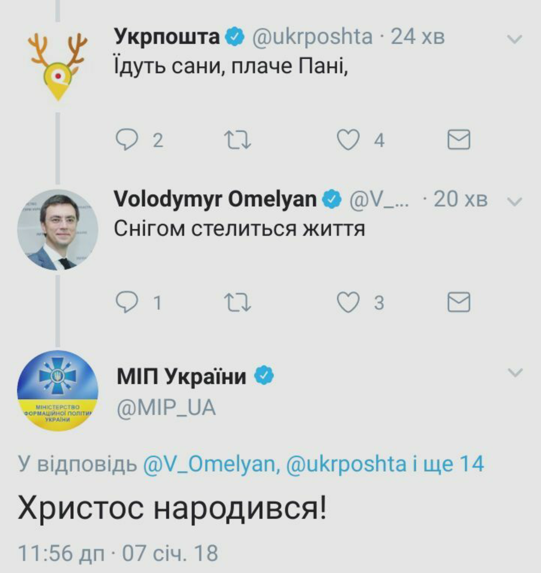 «Укрпошта», українські міністерства та відомства «заколядували» у Twitter